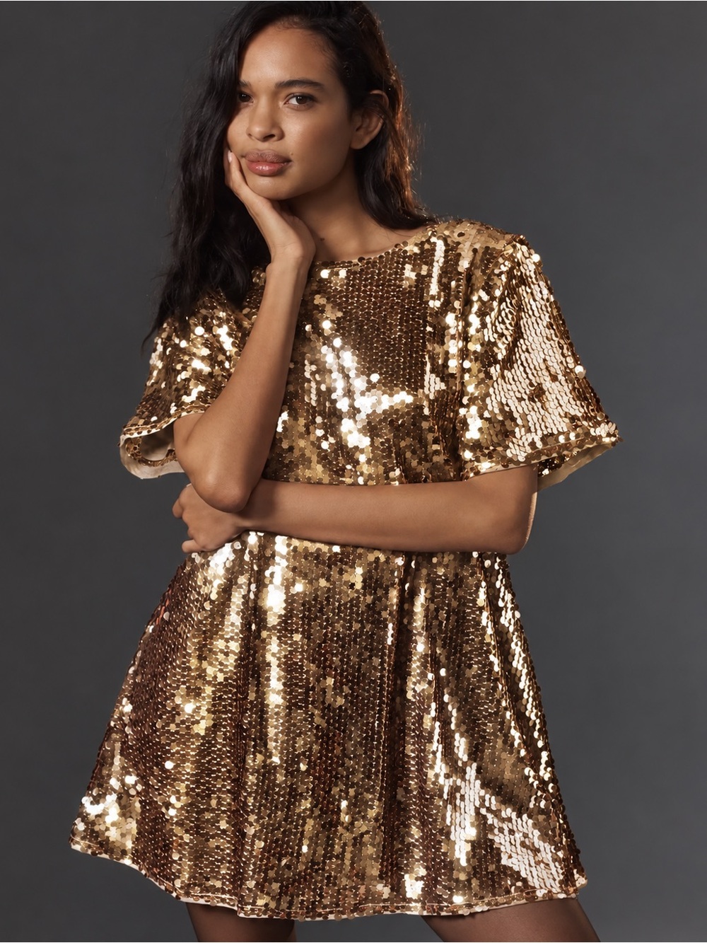 NWT Anthropologie Maeve Emmy Gold Sequin Swing Mini Dress M